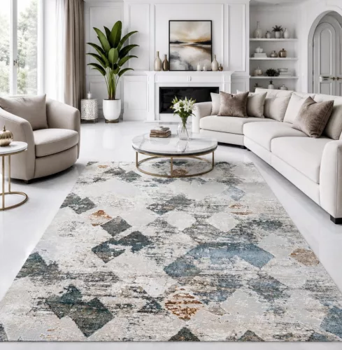 Modern szőnyeg világos nappaliba, Mykonos geometriai mintás nappali szőnyeg, rövid szőrű prémium szőnyeg, Szőnyeg Outlet kedvező áron.