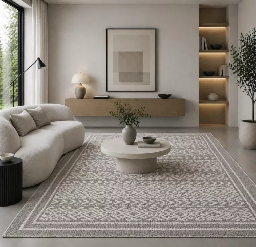 Modern szőnyeg nappaliba, szürke színű hurkolt 023 típus a Szőnyegház kínálatából 
