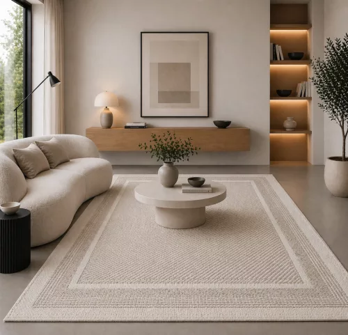 Modern szőnyeg nappaliba, bézs színű hurkolt 331 típus a Szőnyegház kínálatából 