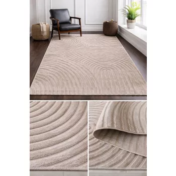 Bohemia modern bézs szőnyeg 3577 dombornyomott geometrikus és sávos mintával, nappali környezetben.