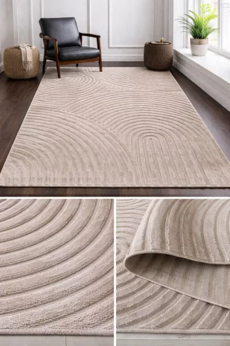 Bohemia modern bézs szőnyeg 3577 dombornyomott geometrikus és sávos mintával, nappali környezetben.