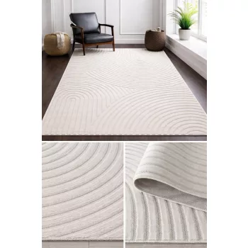 Bohemia modern krém szőnyeg dombornyomott geometrikus és sávos mintával, nappali környezetben.