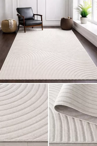 Bohemia modern krém szőnyeg dombornyomott geometrikus és sávos mintával, nappali környezetben.