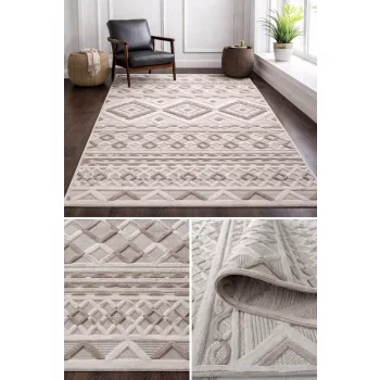 Bohemia modern bézs szőnyeg 3579 dombornyomott geometrikus és sávos mintával, nappali környezetben.