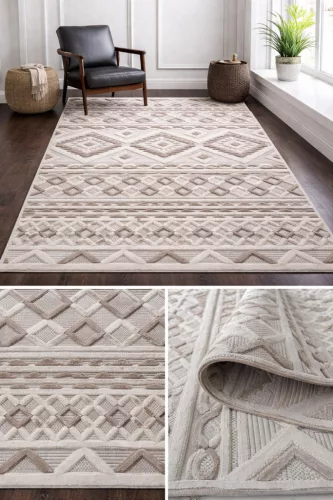 Bohemia modern bézs szőnyeg 3579 dombornyomott geometrikus és sávos mintával, nappali környezetben.