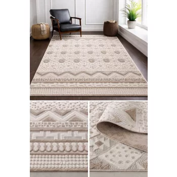 Bohemia modern bézs szőnyeg  3580 dombornyomott geometrikus és sávos mintával, nappali környezetben.