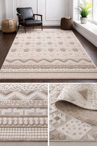 Bohemia modern bézs szőnyeg  3580 dombornyomott geometrikus és sávos mintával, nappali környezetben.