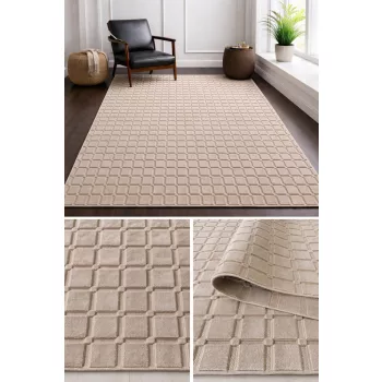 Bohemia modern bézs szőnyeg dombornyomott 3581 geometrikus és sávos mintával, nappali környezetben.