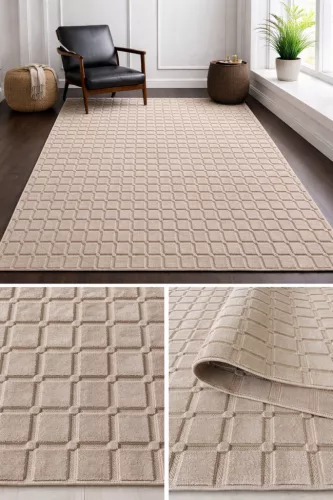 Bohemia modern bézs szőnyeg dombornyomott 3581 geometrikus és sávos mintával, nappali környezetben.