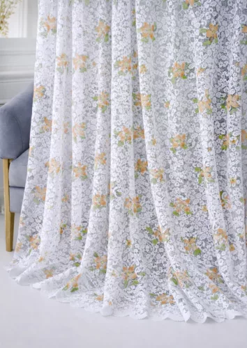 Kész Függöny Grace  Barack Zöld virágos 500x250cm