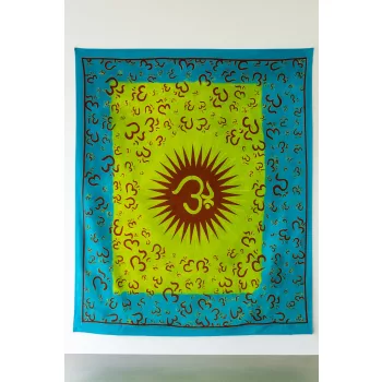   Indiai Ágytakaró Zen 3om pamut neonzöld kék keretes 205x230cm