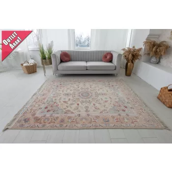  Kézi csomózású perzsa EXKLUZÍV selyem kontural Tebriz krém barack zöldes szőnyeg 207x151cm