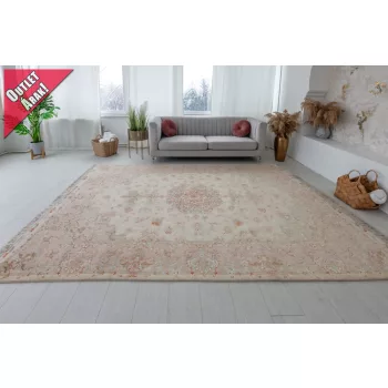   Kézi csomózású perzsa EXKLUZÍV selyem kontural Tebriz krémes puder szőnyeg 300x200cm