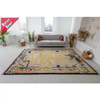   Kézi csomózású perzsa  modern exkluzív Nomád sárgás kékes szőnyeg kb 200x300cm