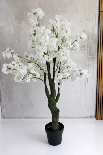 Műnövény  Japán Cseresznyefa virág  Dús Zöld Fa FEHÉR 180-190cm magas  Fekete Kaspóval