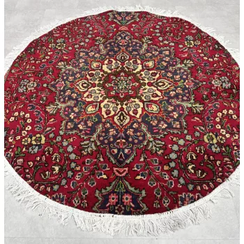   Kézi csomózású perzsa Tabriz Bordós Kékes szőnyeg  Kerek 140x140cm