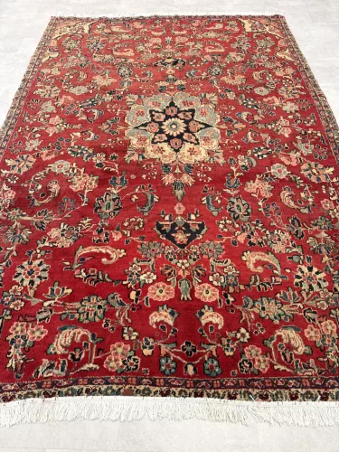 Kézi csomózású perzsa Mahal Bordós-Zöldes szőnyeg 305x210cm
