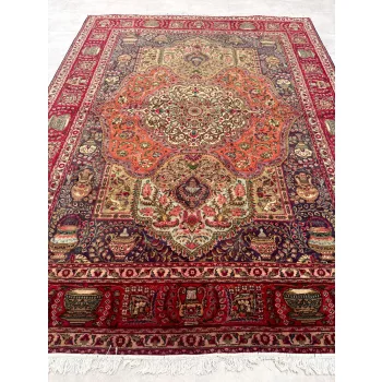   Kézi csomózású perzsa Tabriz Bordós Narancsos szőnyeg 342x254cm