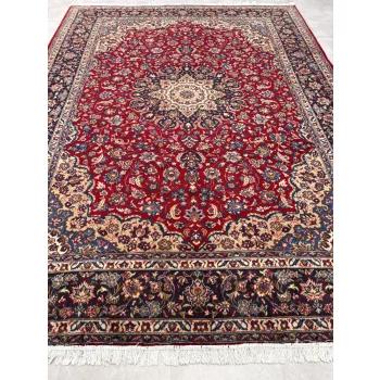   Kézi csomózású perzsa Kashan Bordós Kékes szőnyeg 393x296cm