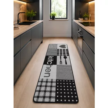 Modern szürke kitchen mintás konyhai futószőnyeg világos konyhában – csúszásgátló könnyen tisztítható konyhai szőnyeg