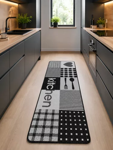 Modern szürke kitchen mintás konyhai futószőnyeg világos konyhában – csúszásgátló könnyen tisztítható konyhai szőnyeg