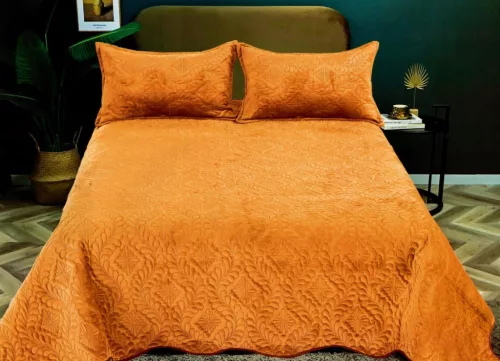 Velvet Mustár ágytakaró szett 3db-os 220x240cm / 54x75cm párna huzat 2db