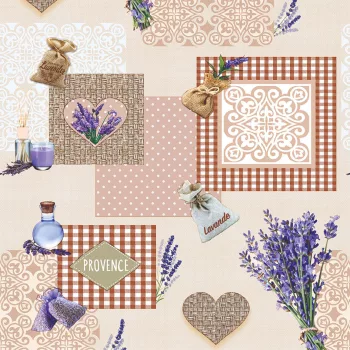   Viaszos vászon méterben 140cm széles csokor levendulás bézs lila