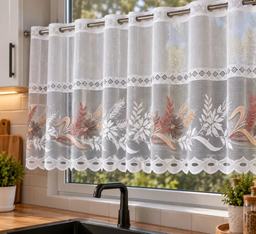 Búza virág mintás jacquard 45 cm magas vitrázs függöny méterben
