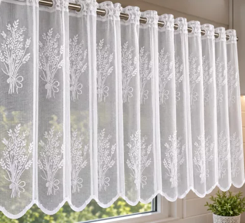 Fehér levendula mintás jacquard 70 cm magas vitrázs függöny méterben