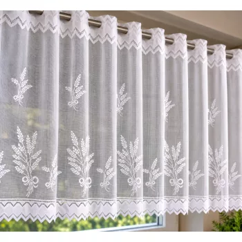   Alul rombusz fehér levendula mintás jacquard 75 cm magas vitrázs függöny méterben