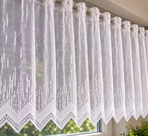 Fehér pálcika mintás jacquard 60 cm magas vitrázs függöny méterben