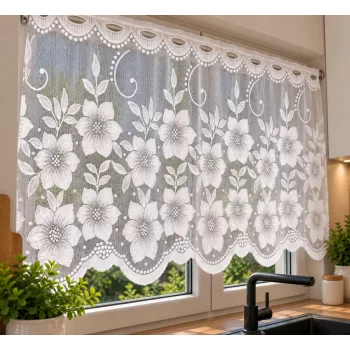   Klemátisz fehér virág mintás jacquard 40 cm magas vitrázs függöny méterben