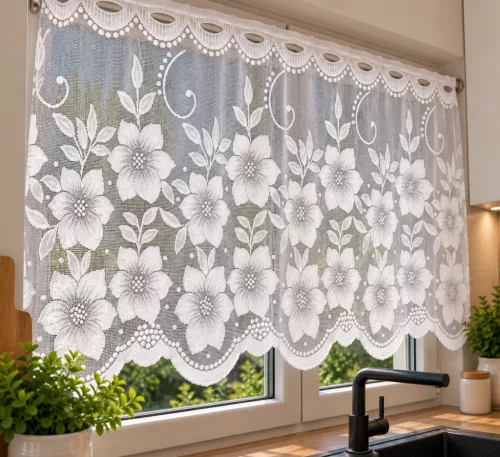 Klemátisz fehér virág mintás jacquard 40 cm magas vitrázs függöny méterben