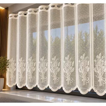   Krém levendula mintás jacquard 55 cm magas vitrázs függöny méterben