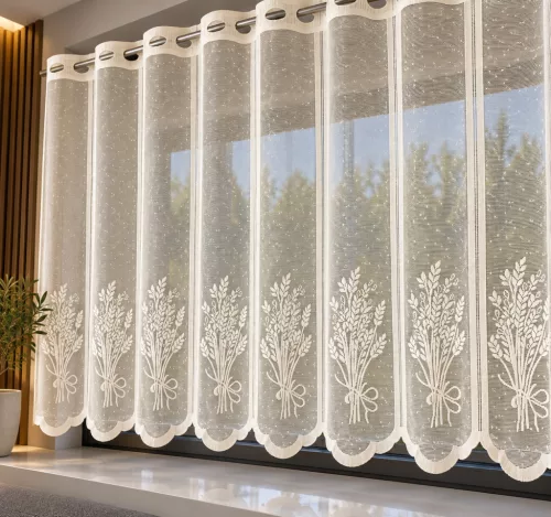 Krém levendula mintás jacquard 55 cm magas vitrázs függöny méterben