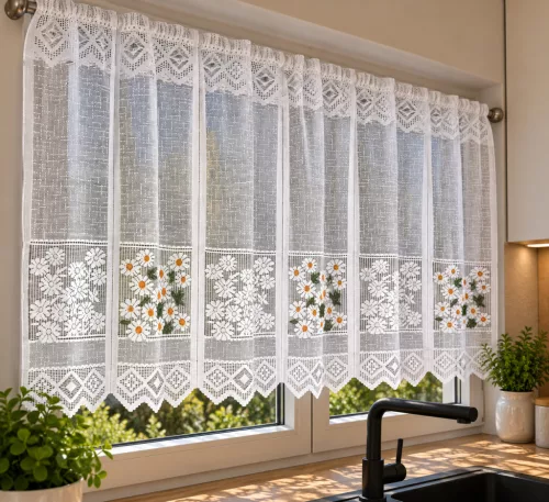 Sárga margaréta mintás jacquard 57 cm magas vitrázs függöny méterben