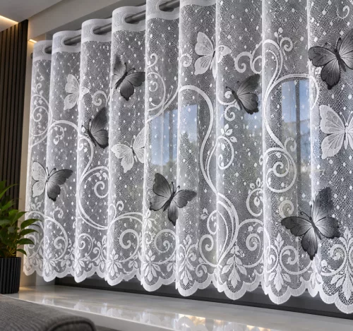  Molly szürke lepkés jacquard 120cm magas vitrázs függöny méterben